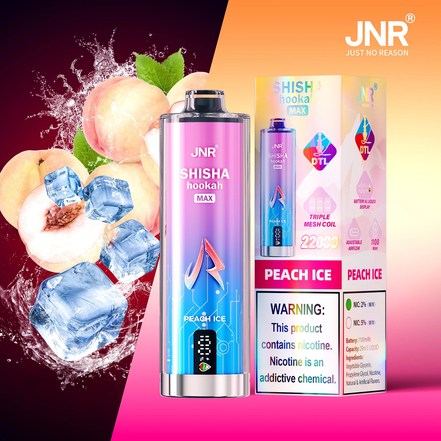 JNR Shisha Hookah Max 22K Puffs Peach Ice