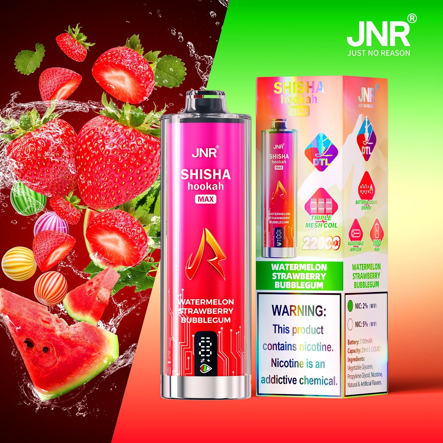 JNR Shisha Hookah Max 22K Watermelon Strawberry Bubblegum