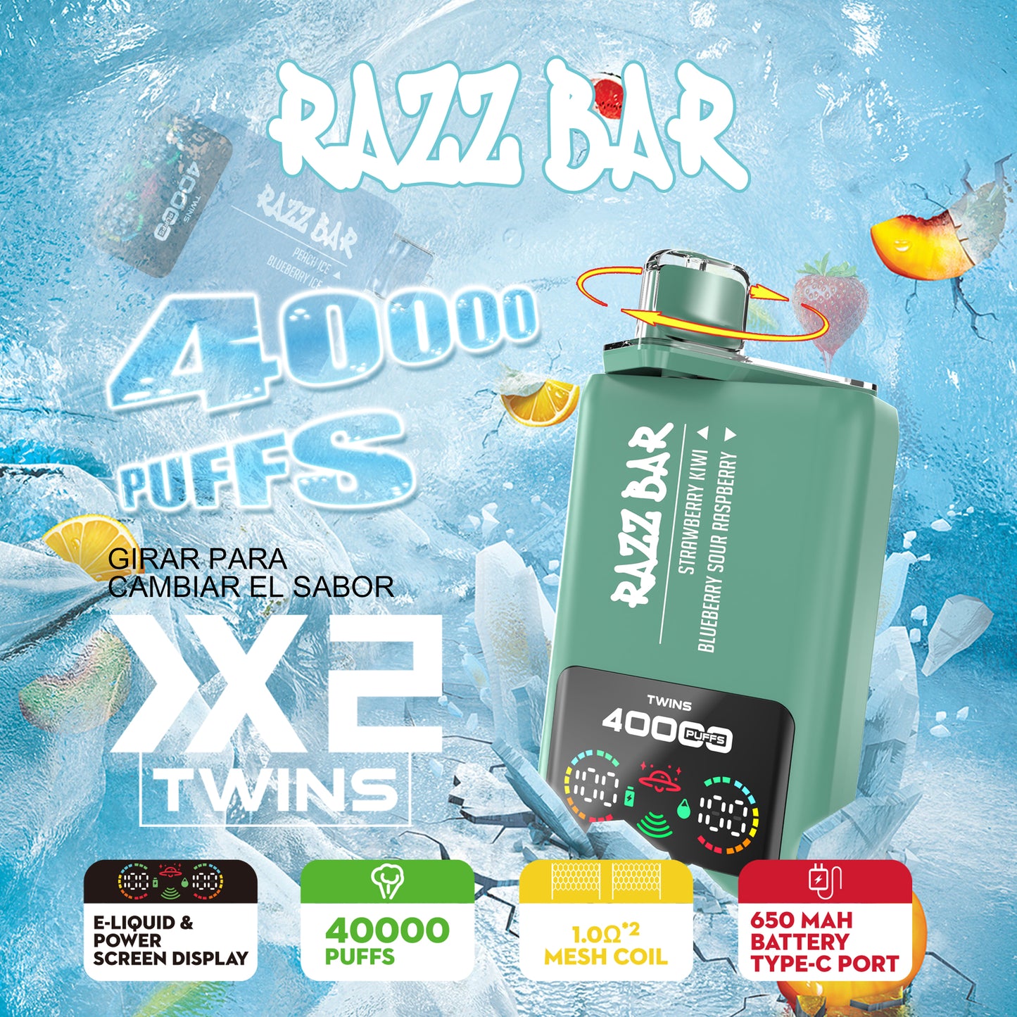 Smart-Display Razz Bar 40000 Puffs Vape mit zwei Geschmacksrichtungen