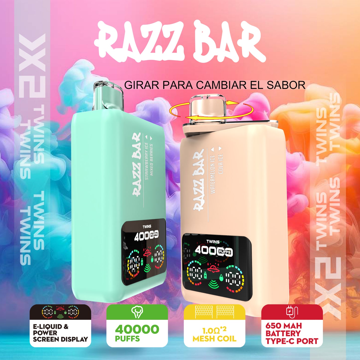 Smart-Display Razz Bar 40000 Puffs Vape mit zwei Geschmacksrichtungen