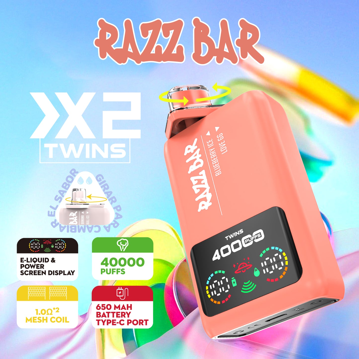 Smart-Display Razz Bar 40000 Puffs Vape mit zwei Geschmacksrichtungen
