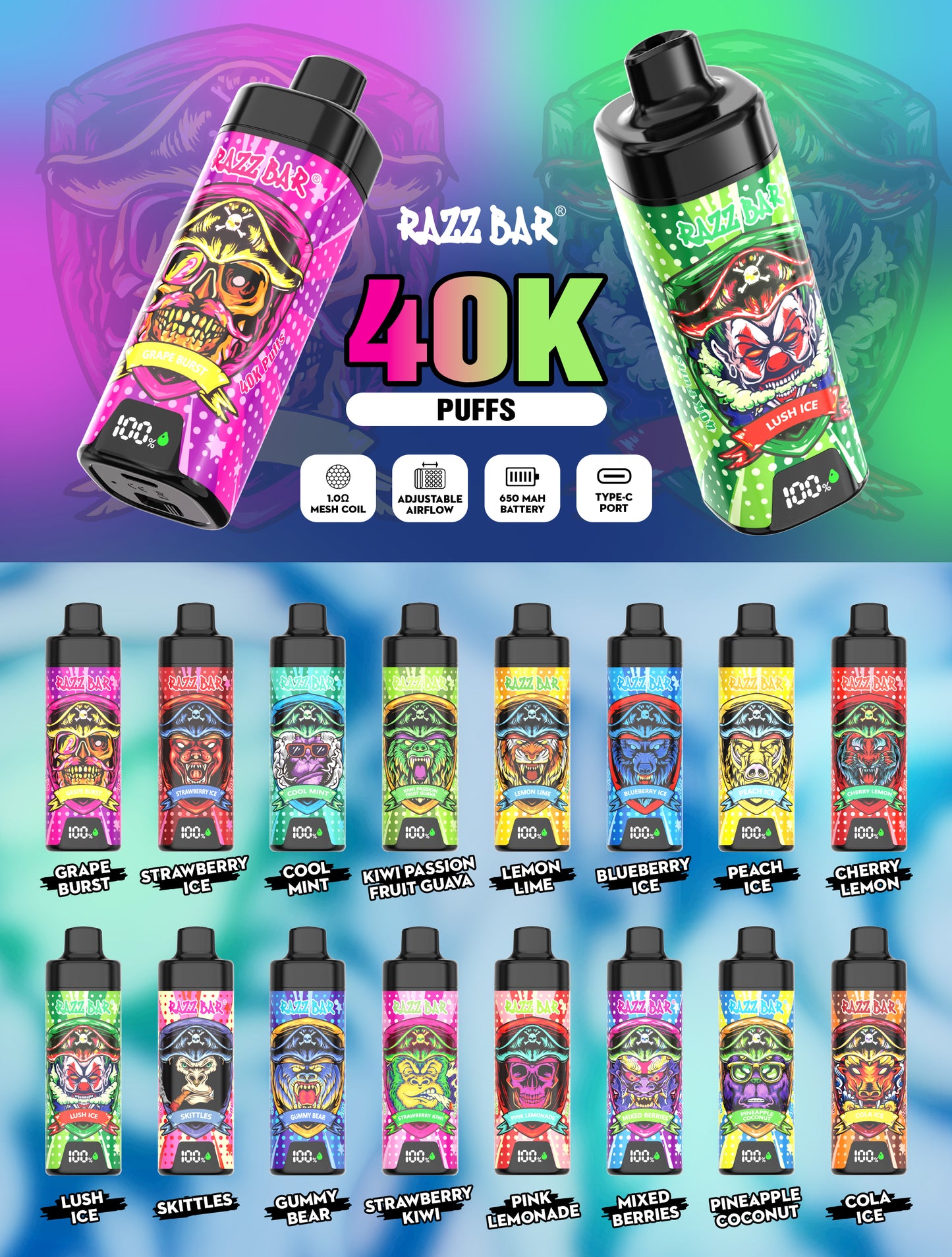 Razz Bar NEW 40K Puffs Vape 18 Geschmacksrichtungen