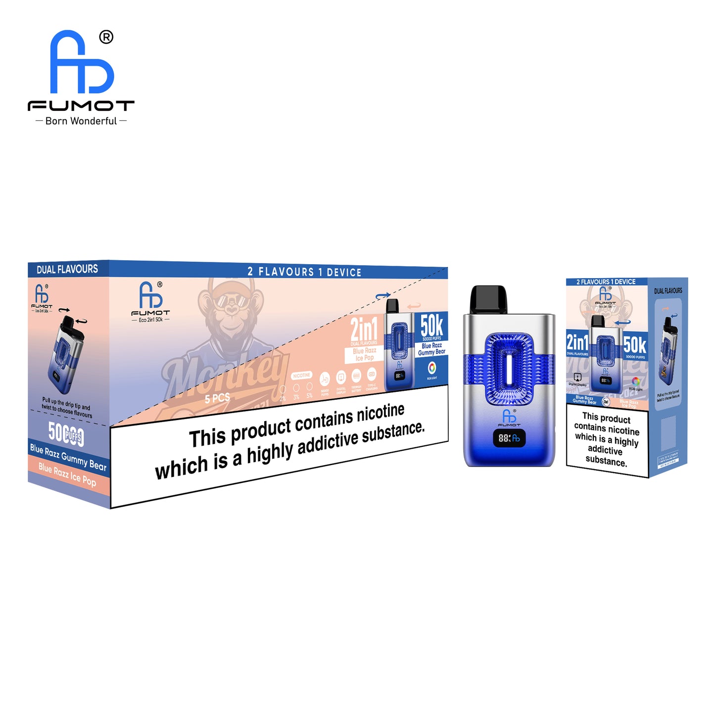 RandM Tornado 50000 Blue Razz Gummy Bear & Blue Razz Ice Pop