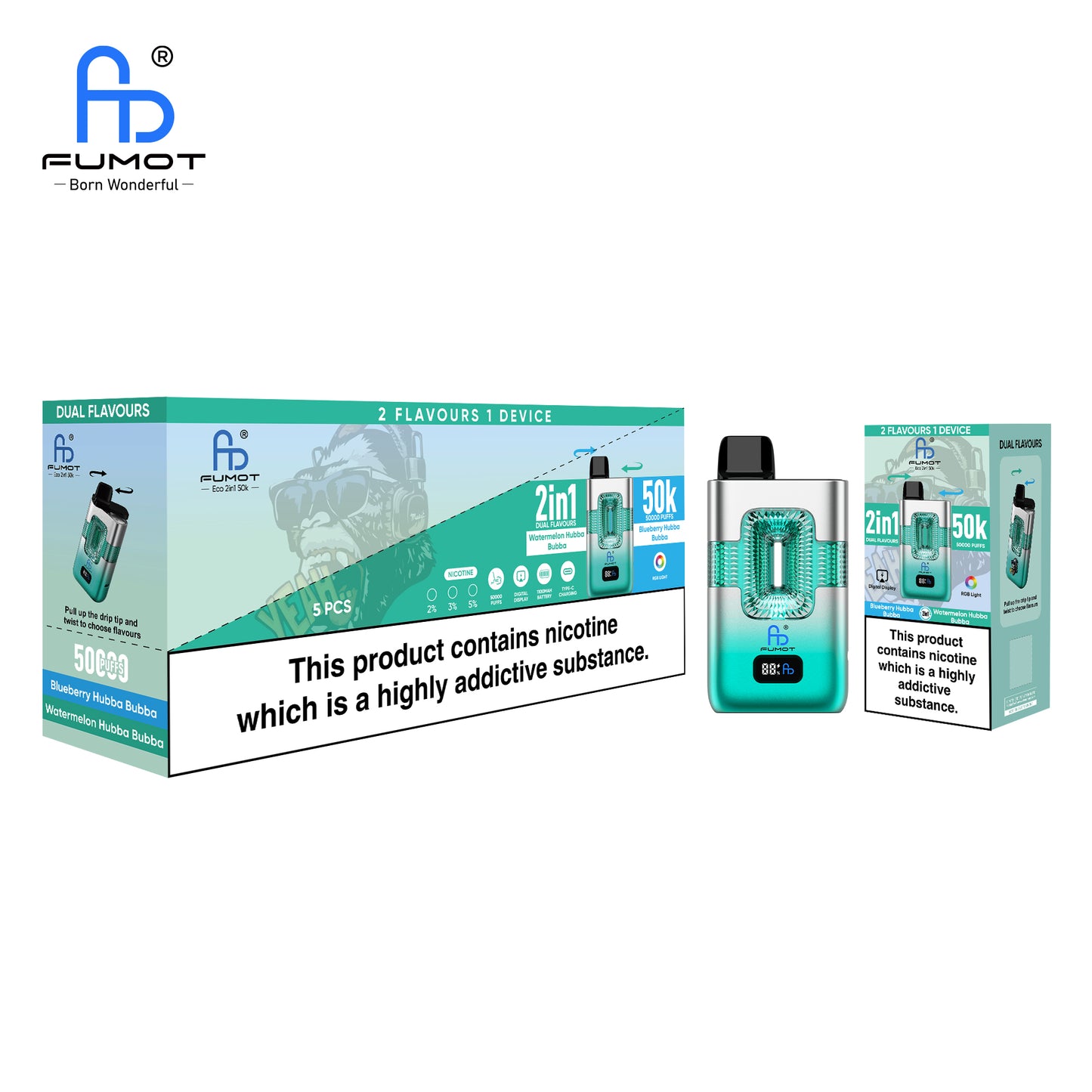 RandM FUMOT ECO 2IN1 50K Blueberry Hubba Bubba & Watermelon Hubba Bubba