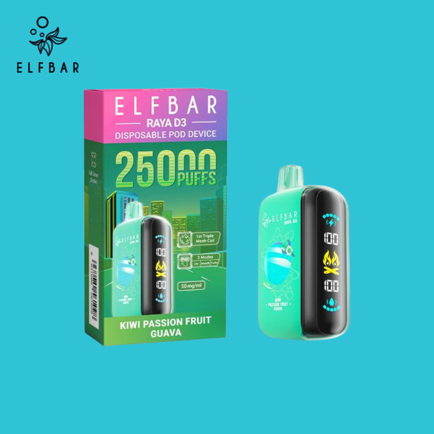Kiwi Passion Fruit Guava Elf Bar Raya D3 25000 Vape