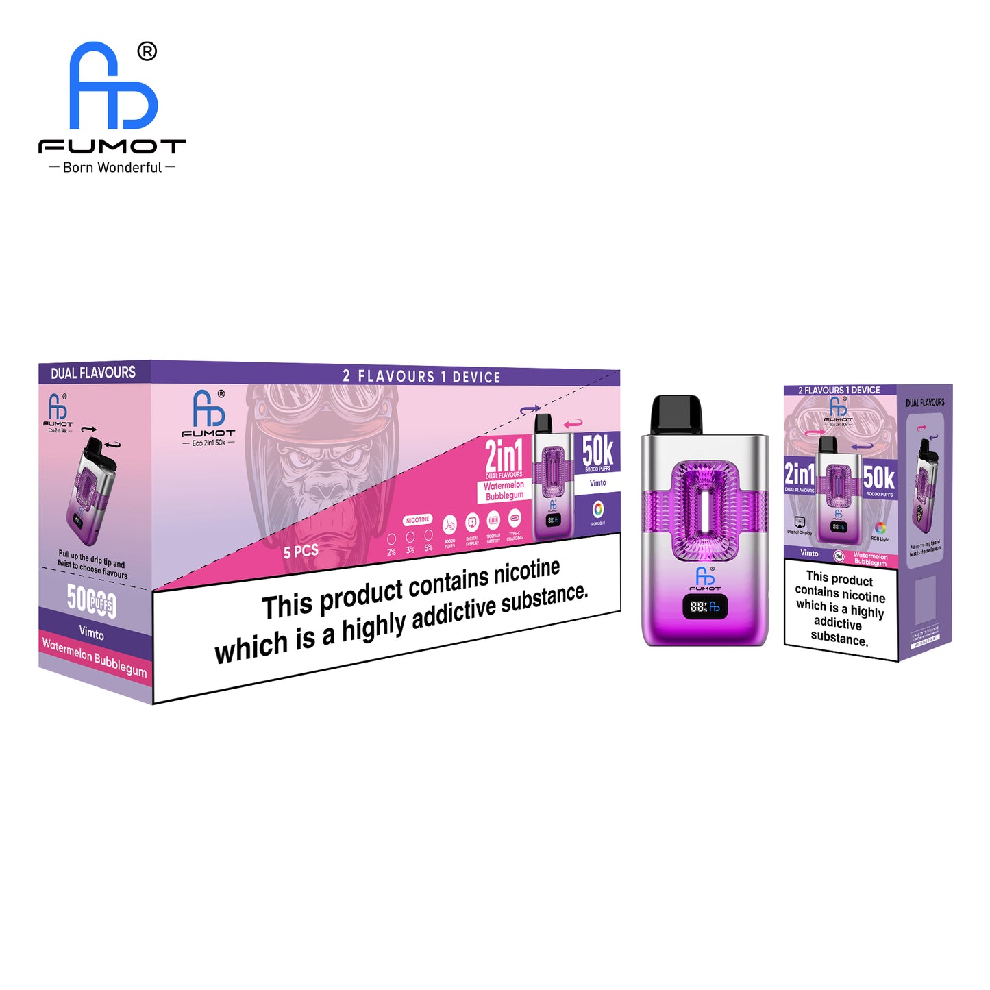 Vimto & Watermelon Bubblegum RandM FUMOT ECO 2IN1 50K Puffs