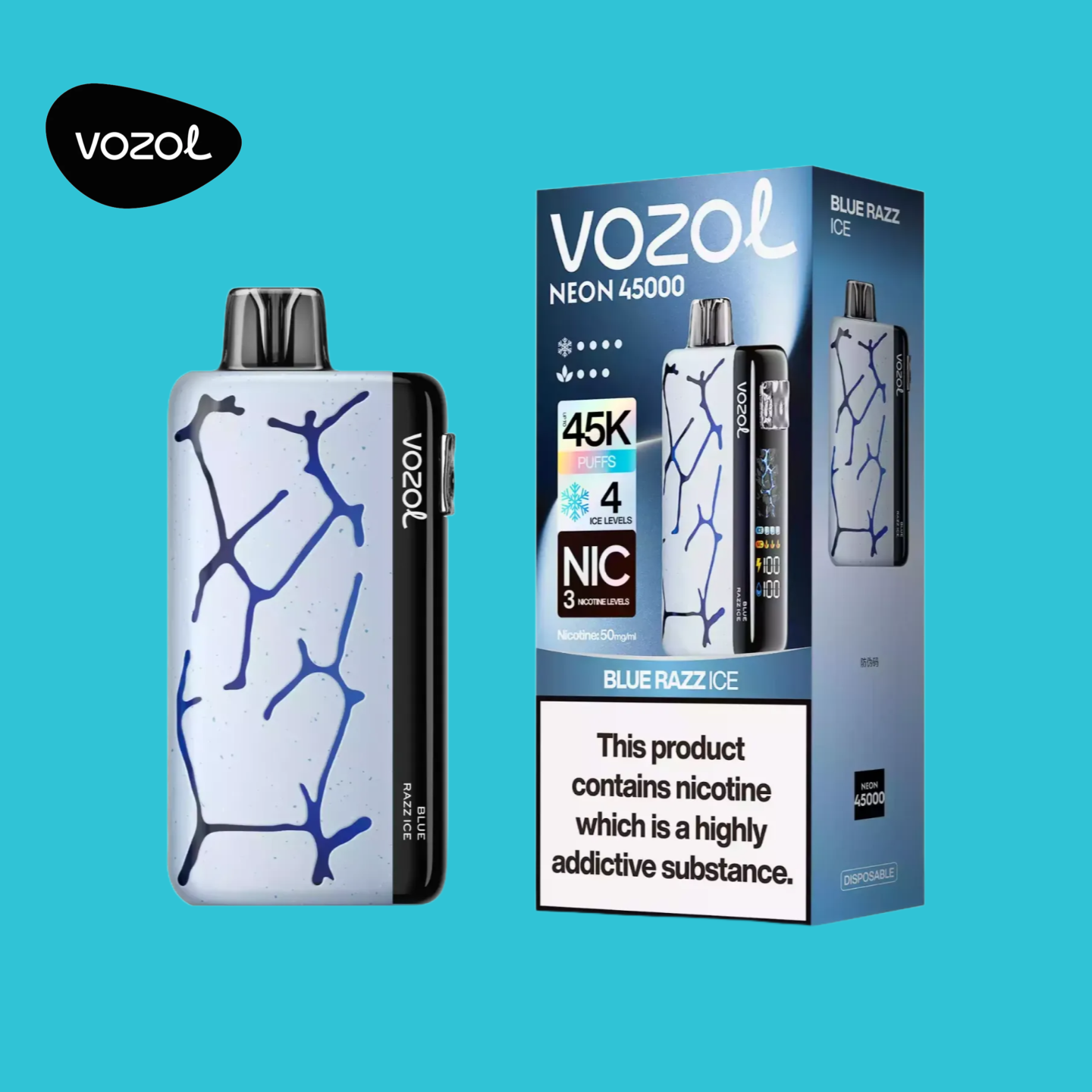 Vozol Neon 45K Puffs Vape Blue Razz Ice