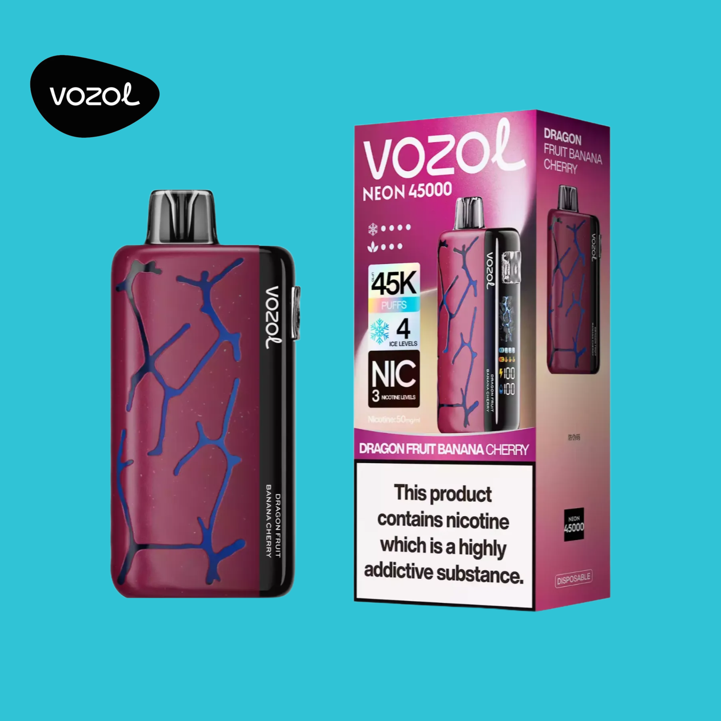 Vozol Neon 45K Puffs Dragon Fruit Banana Cherry Vape